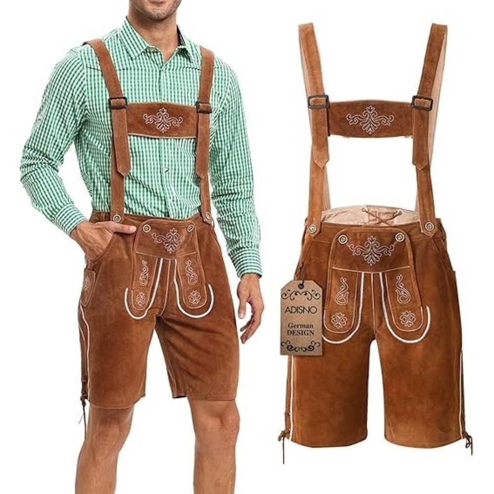Adisno Men Brown Lederhosen Cow Suede Leather Oktoberfest Costume Set M